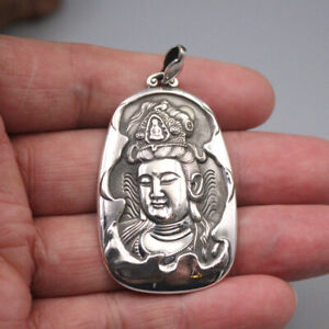 Pure 999 Fine Silver Buddhist Kwan-yin Pendant 2.16"H Rolo Link Chain 20"L