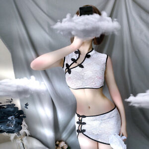 Womens Sexy See Through Lace Sleeveless Qipao Tops Mini Wrap Skirt Lingerie Club
