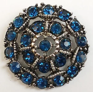 Vintage Brooch Art Deco Blue Rhinestones Silver Tone Circle Shape Pin Cocktail - Picture 1 of 8