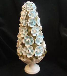Vintage Turquoise Blue and White Footed Flower Ceramic Topiary Green Leaves - Picture 1 of 10