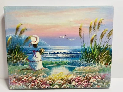 Pintura al óleo victoriana dama junto al lago océano costa mar lienzo firmado de colección Foto 1 de 4