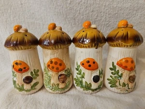 Four Vtg 1976 Sears MERRY MUSHROOM Salt & Pepper Shakers set with 3 Stoppers MCM - Picture 1 of 21