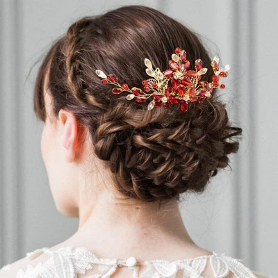 Red Crystal Bridal Hair Piece with Comb Gold Vine Flower Hair Accessories for... - Image 1 of 4