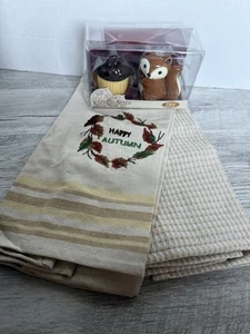 Fall Happy Autumn Kitchen Towel Woodland Salt & Pepper Shakers Bundle - Picture 1 of 8