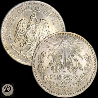 Mexico ✮ 1907 ✮ 50 Centavos ✮ AU-UNC ✮ Curved 7 ✮ Repunched Date ✮ Free S&H ✮ - Image 1 of 4