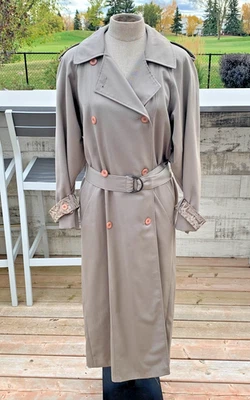 Vintage Double Breasted Trench Coat Women 7/8 Tan Classic Belted Long Preppy 90s - Image 1 of 4