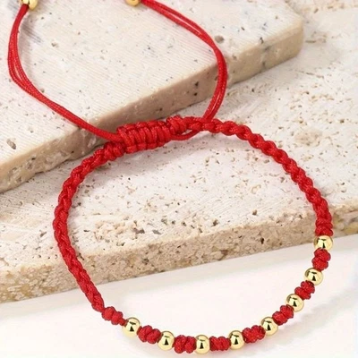 Pulsera cuerda trenzada roja con cuentas redondas de cobre dorado para hombre y mujer LUCKY GIFT Foto 1 de 3