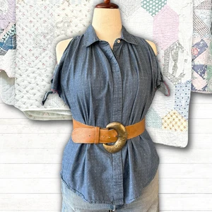 Anthropologie Holding Horses Chambray Polka Dot Tie Cold Shoulder Blouse Size 8 - Picture 1 of 15