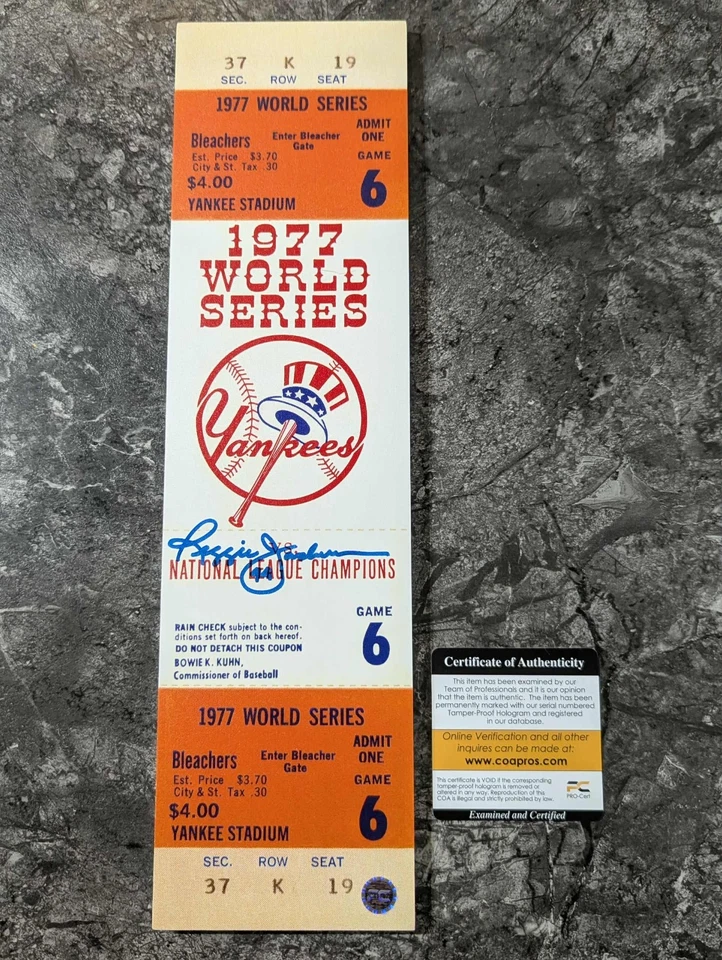 Serie Mundial 1977 Juego 6 Firmado Reggie Jackson Mini Mega Boleto Foto 1 de 4