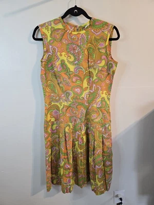 Винтажное женское платье 12 без рукавов хиппи 60-х с оборками психоделический союз пейсли - Изображение 1 из 4