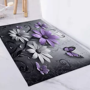 Gray Daisy Floral Purple Butterfly Bath Mat for Bathroom Mat Bath Rug Doormat - Picture 1 of 12