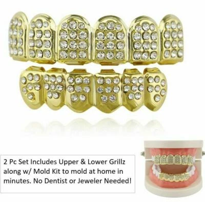 Juego de parrilla de dientes de metal circonita cúbica chapado en oro 14K ajuste personalizado conjunto de película modelo + juego de moldes Foto 1 de 2