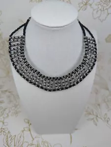 Handmade 1960s Choker Beaded Collar Black Silver Intricate 1.5" Wide Design Rare - Picture 1 of 24
