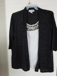 Women's Long Sleeve Boucle Jewel Neck 2-fer  Gray Ivory Size XL Cathy Daniels - Picture 1 of 3