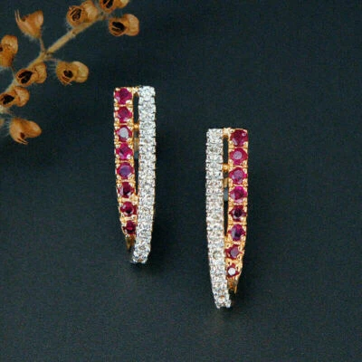 1.35Ct Round Cut Moissanite Red Ruby Huggie Hoop Earrings 14K Yellow Gold Plated - Image 1 of 4