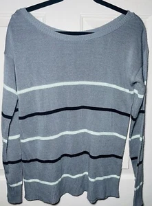 Charming Charlie Women's Sweater Gray Pullover Navy Blue White Stripe, M - Picture 1 of 3