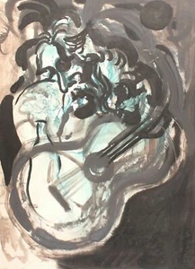 1993 abstract composition guitar gouache painting signed - Picture 1 of 1