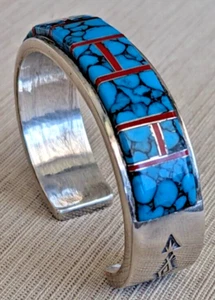 Navajo LJ Sr Sterling Silver Turquoise Coral Inlay Cuff Bracelet 6" Wrist 44 gm - Picture 1 of 13