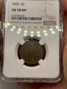 1865 Copper Two Cent Piece 2C Choice Almost Uncirculated NGC AU 58! Rare Type*** - Picture 1 of 8