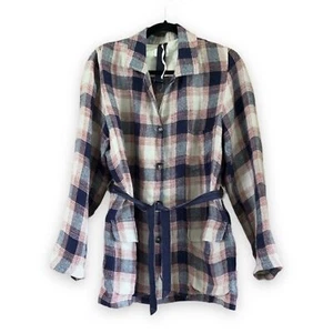 Diega Plaid Linen Valenzo Jacket Red Gray Cream Waist Tie Pockets Size Small - Picture 1 of 6