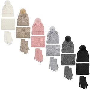 Soft Warm Fuzzy Cozy Unisex Winter Beanie Pom Pom Hat, Scarf and Gloves Set - Picture 1 of 15