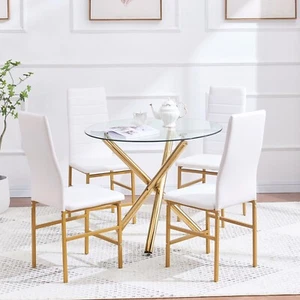 Round Clear Glass Dining Table & 4x White Faux Leather Dining Chairs Golden Legs - Picture 1 of 10