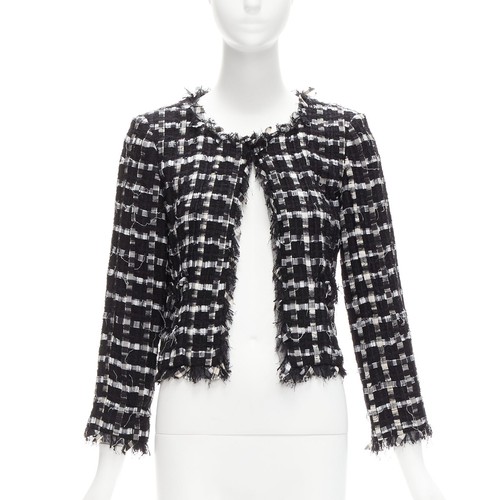 Giacca CHANEL nero bianco grezzo sfilacciato check tweed gripoix bottoni cropped FR40 L
