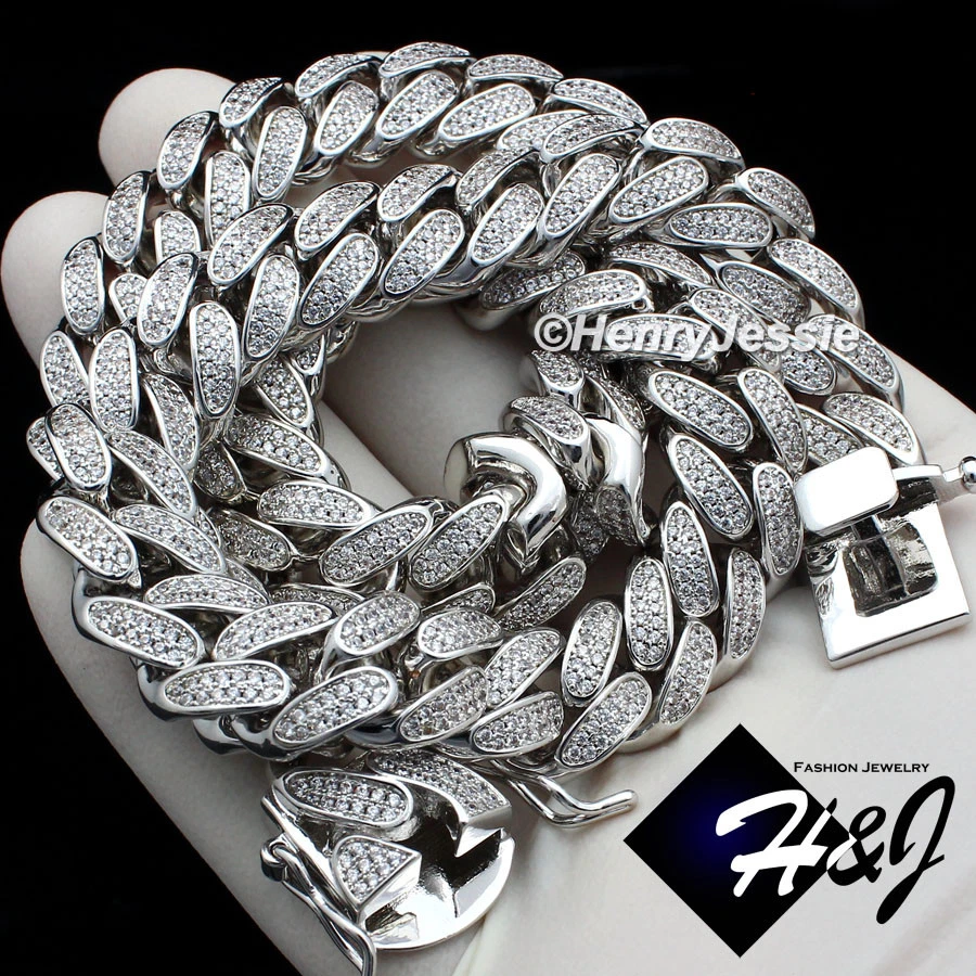 COLLAR MIAMI CUBAN BORDILLO 18"-30" CHAPADO EN ORO BLANCO 14K ICY BLING CZ 12MM*BN1 Foto 1 de 4