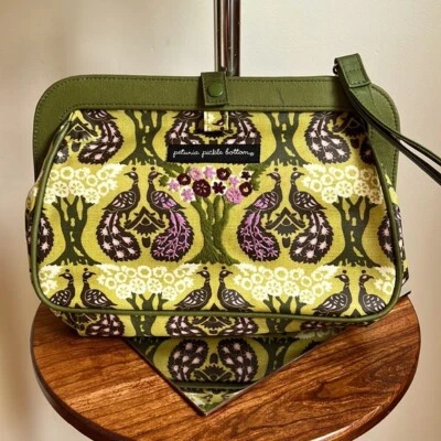 Petunia Pickle Bottom Green/Purple Peacock Design Diaper Bag Tote (E1586) - Image 1 of 4