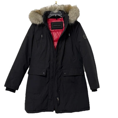 Casaco feminino Andrew Marc com capuz de pele grande casaco quente pesado jaqueta de esqui bufante dentro - Imagem 1 de 4