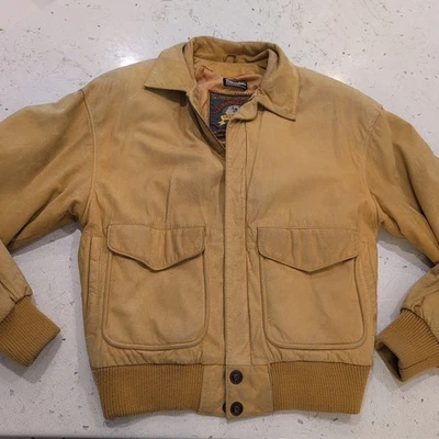 Chaqueta de bombardero de cuero amarilla vintage Wilsons Adventure Bound tareas de granero talla S Foto 1 de 4