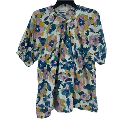 Top boho Sonoma para mujer blanco azul abstracto floral mangas abullonadas volantes talla XL Foto 1 de 4