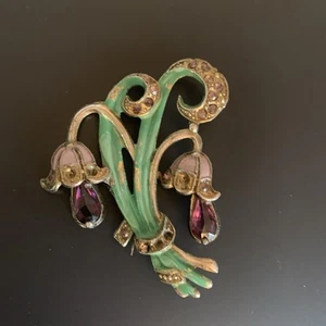 VTG 40s50s Maybe Fred Gray? Enamel Rhinestone Lily of the Valley Brooch Read - Picture 1 of 14
