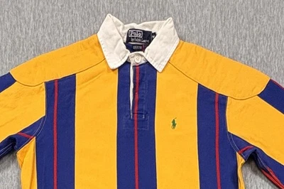 Camisa polo masculina de rugby Ralph Lauren média amarela listra azul cotovelo acolchoada - Imagem 1 de 4