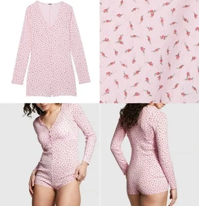 Victorias Secret Sleep Lounge Romper M Medium Pajama PINK Cotton Pointelle Pjs - Picture 1 of 12
