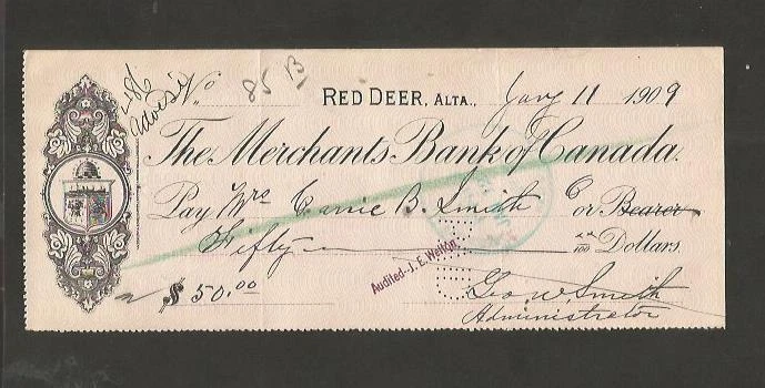 Canada -  illustrated bank checks from Red Deer, Alberta 19096-1910 [ 257 - Image 1 of 1