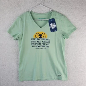 NWT Life Is Good Women's Medium Green V-Neck Crusher Tee Dog Puppy Short Sleeve - Picture 1 of 9