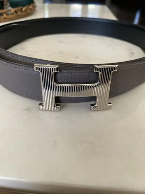 Hermes Reversible Belt Kit 85mm Etoupe Black Striee palladium silver Buckle 32mm - Image 1 of 4