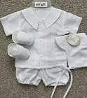 Will'beth Newborn Baby Boy White Dedication Take-Me-Home Outfit Booties Hat NWT
