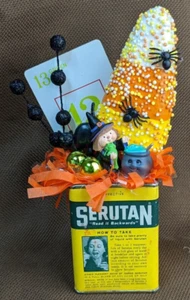 Vintage Spice Tin Diorama Handmade Halloween Decor Serutan CANDY CORN WITCH - Picture 1 of 9