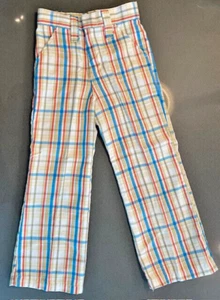 Vintage 1970s Boys Cream Blue Red Beige Plaid Wide Leg Pants Sz 6 - Picture 1 of 5