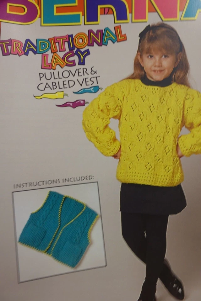 Bernat Knitting Pattern 1313 Lacy Pullover & Cabled vest 2-12 yrs Worsted - Image 1 of 1