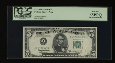 DBR 1950-D $5 FRN Boston Gem Fr. 1965-A PCGS 65 PPQ Serial A57790630B - Image 1 of 2