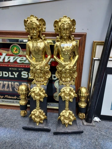 Brass Figural Asian Deity? Brass Andiron Set -  Missing Back Legs Cover