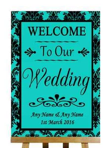 Letrero de boda personalizado damasco turquesa negro bienvenido a nuestro - Imagen 1 de 8