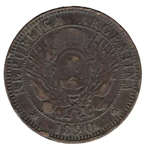 1890 Argentina 2 Centavos Coin - Picture 1 of 2