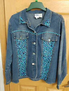 Chaqueta de mezclilla para mujer DG2 Diane Gilman 2X con hermosas cuentas de color turquesa - Imagen 1 de 6