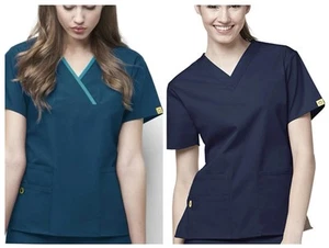 LOT of 2 Wmns WONDERWINK Scrub Tops V & Y Neck Caribbean Blue & Navy 5 Pocket XS - Picture 1 of 15