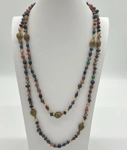 Long Multicolor Glass Bead Necklace w/ Gold-Tone Accents – Boho Artisan 30” Long - Picture 1 of 10