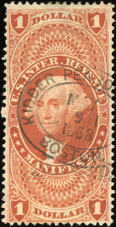 U.S. Revenue: Scott R72c $1Manifest, black oval 1868 handstamp cancel - Image 1 of 1